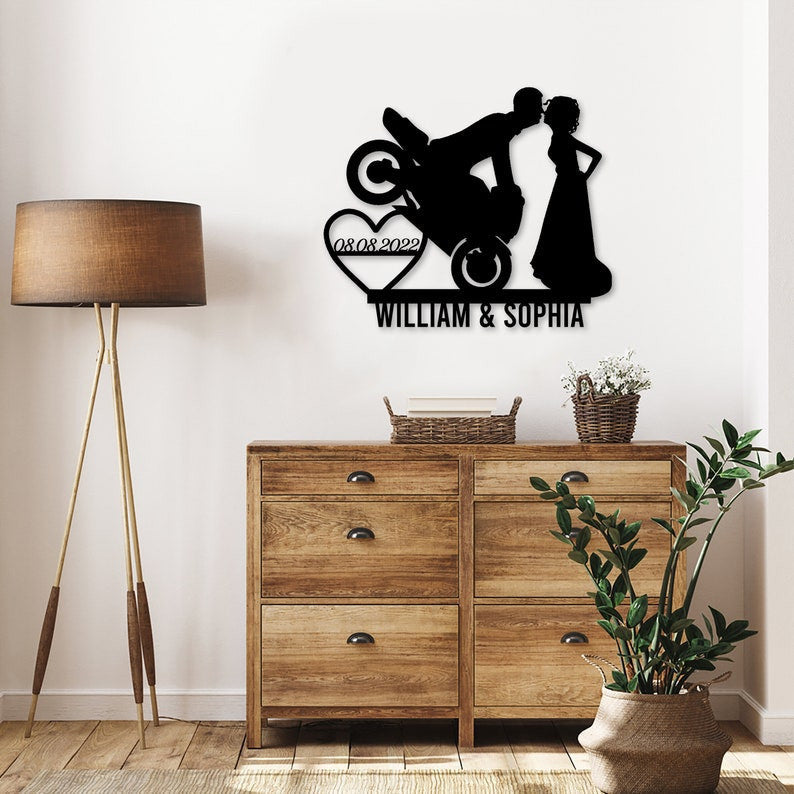 Personalized Motorcycle Couple Sign Wedding Metal Sign WITH LED/WITHOUT LEDs Anniversary Gift Newly Engaged Gift Bride And Groom Custom Name Sign