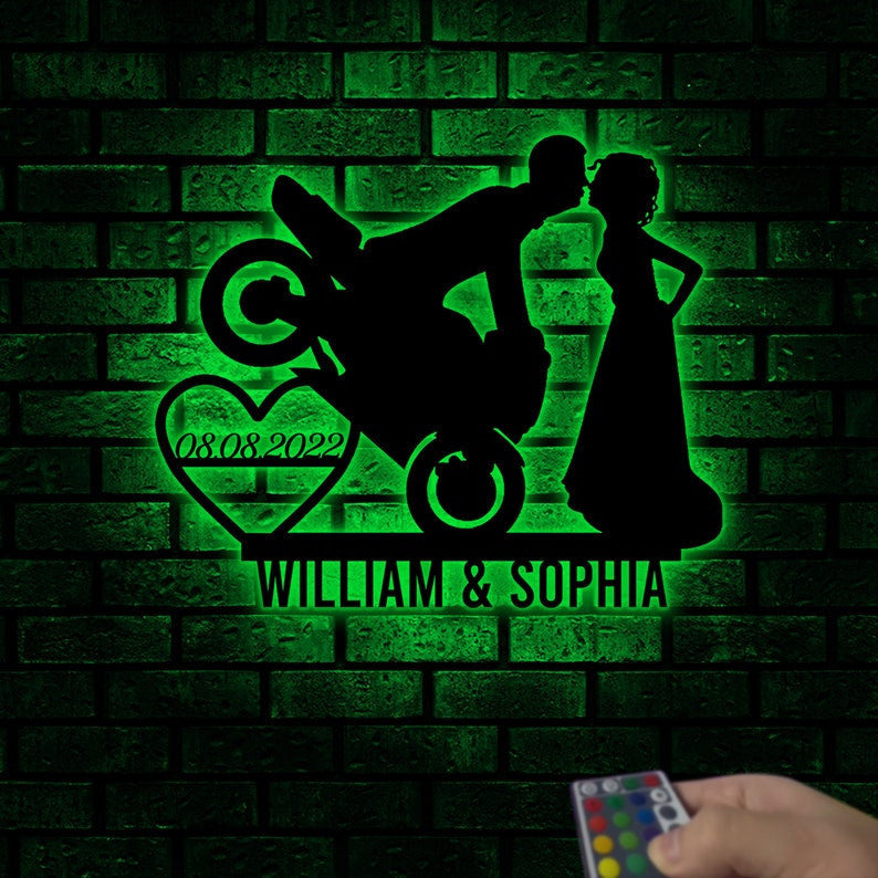 Personalized Motorcycle Couple Sign Wedding Metal Sign WITH LED/WITHOUT LEDs Anniversary Gift Newly Engaged Gift Bride And Groom Custom Name Sign