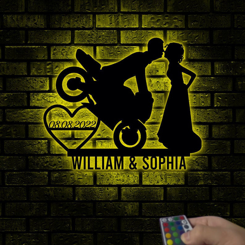 Personalized Motorcycle Couple Sign Wedding Metal Sign WITH LED/WITHOUT LEDs Anniversary Gift Newly Engaged Gift Bride And Groom Custom Name Sign