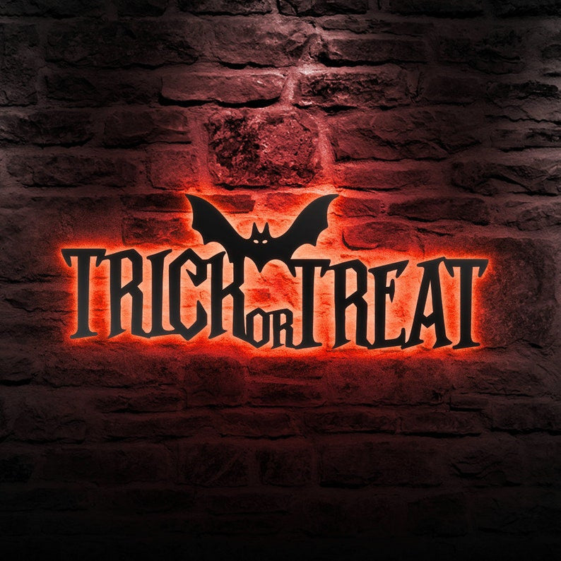 Trick Or Treat Halloween Sign Metal Wall Art WITH LED/WITHOUT LED Lights Halloween Metal Sign Decoration Halloween Wall Decor