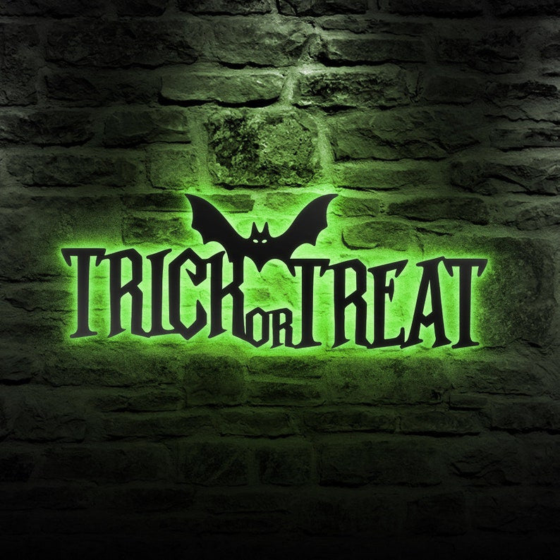 Trick Or Treat Halloween Sign Metal Wall Art WITH LED/WITHOUT LED Lights Halloween Metal Sign Decoration Halloween Wall Decor