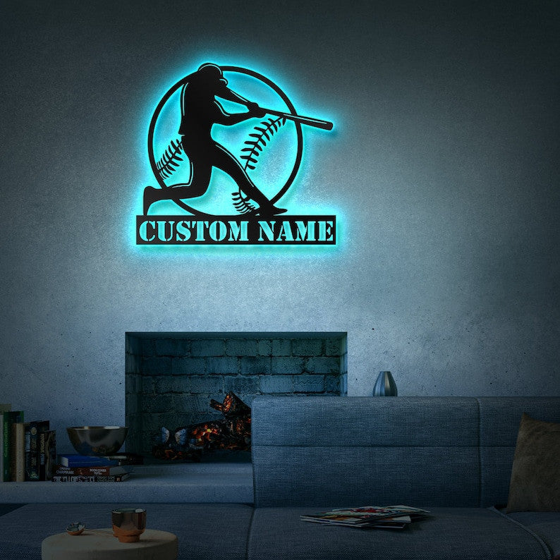Custom Baseball Metal Wall Art Personalized Baseball Sign WITH LED/WITHOUT LED Lights Baseball Player Name Sign Gift