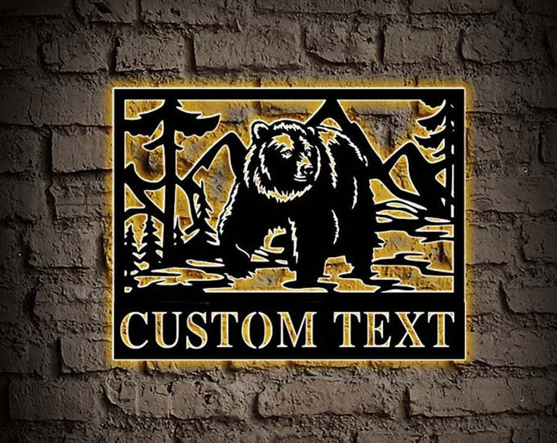 Custom Bear Metal Sign Bear and Tree Mountain Wall Decor Personalized Bear Metal Wall Art Grizzly Bear Wildlife Sign Wildlife Lover Gift
