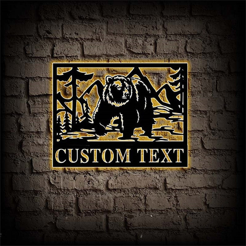 Custom Bear Metal Sign Bear and Tree Mountain Wall Decor Personalized Bear Metal Wall Art Grizzly Bear Wildlife Sign Wildlife Lover Gift
