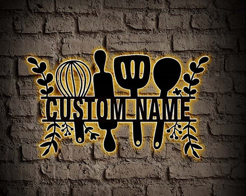 Custom Kitchen Sign Metal Sign for Kitchen LED Kitchen Metal Wall Art Personalized Kitchen Signs Flourish Kitchen Wall Decor Cooking Gift