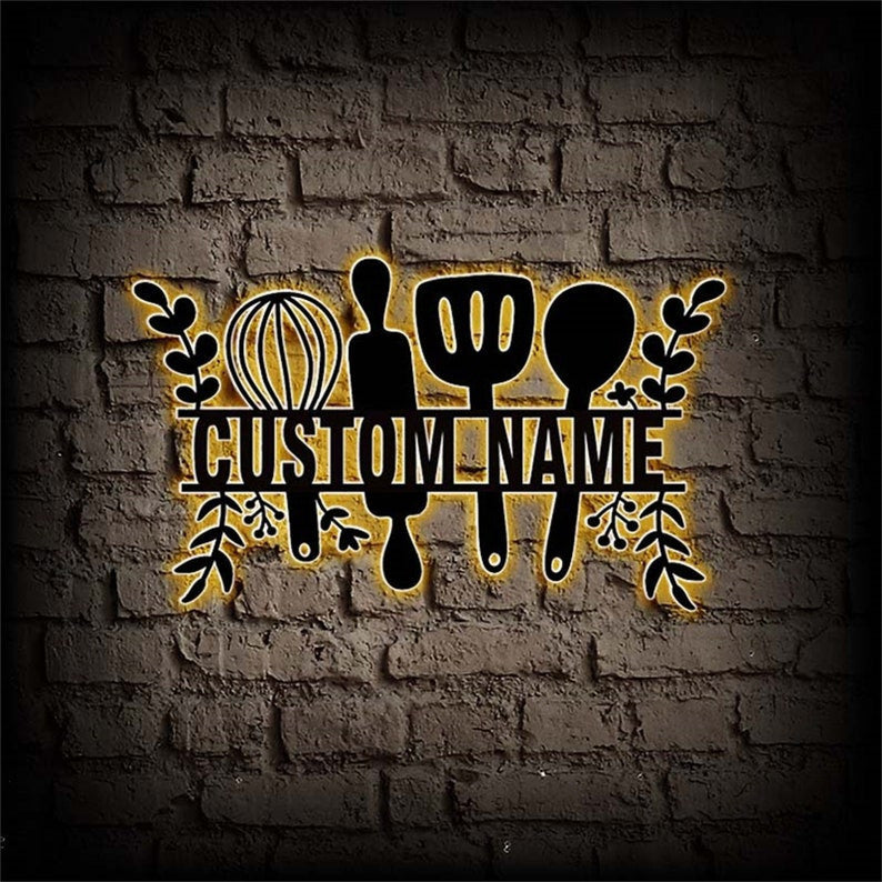 Custom Kitchen Sign Metal Sign for Kitchen LED Kitchen Metal Wall Art Personalized Kitchen Signs Flourish Kitchen Wall Decor Cooking Gift