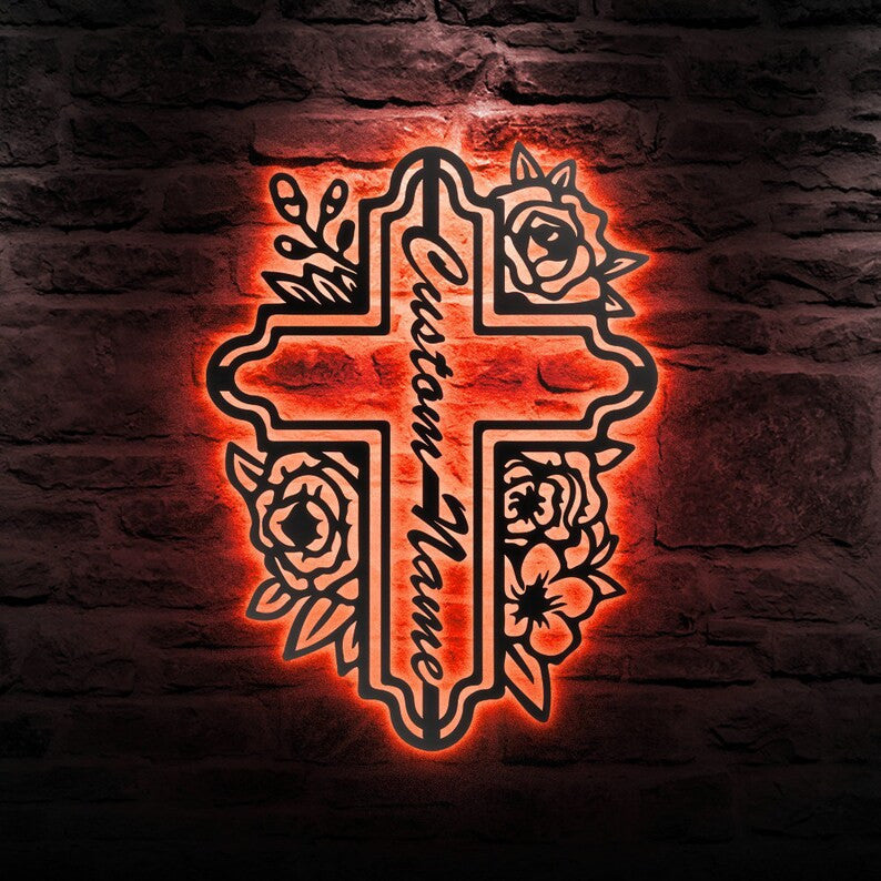 Custom Cross Floral Metal Sign Christian Metal Wall Art WITH LED/WITHOUT LED Lights Thanksgiving Decoration