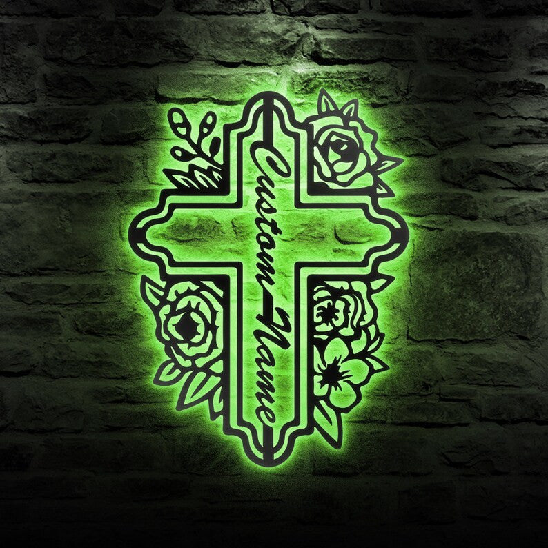 Custom Cross Floral Metal Sign Christian Metal Wall Art WITH LED/WITHOUT LED Lights Thanksgiving Decoration