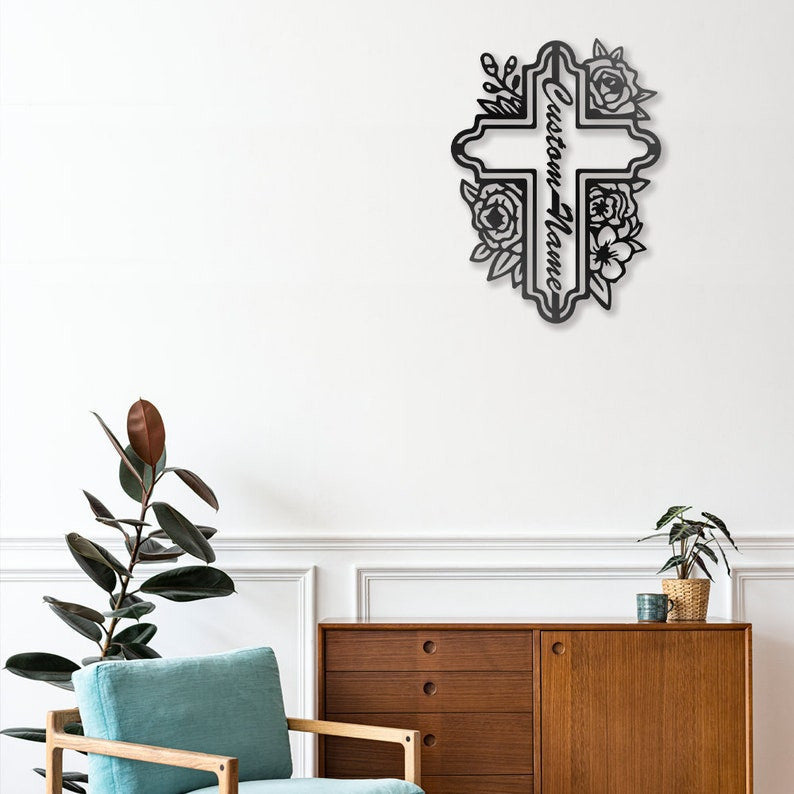 Custom Cross Floral Metal Sign Christian Metal Wall Art WITH LED/WITHOUT LED Lights Thanksgiving Decoration