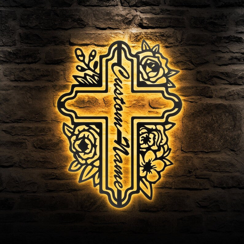 Custom Cross Floral Metal Sign Christian Metal Wall Art WITH LED/WITHOUT LED Lights Thanksgiving Decoration