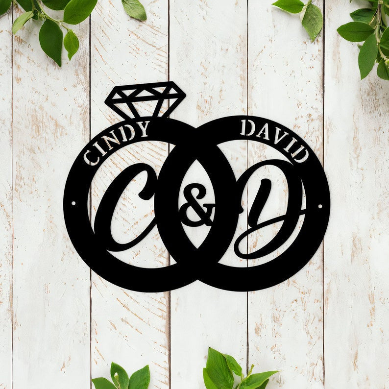Personalized Couple Rings Metal Sign Custom Wedding Gift Engagement Sign Hanger Home Decor Best Gift For Wedding Anniversary Gift