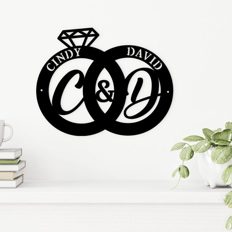 Personalized Couple Rings Metal Sign Custom Wedding Gift Engagement Sign Hanger Home Decor Best Gift For Wedding Anniversary Gift