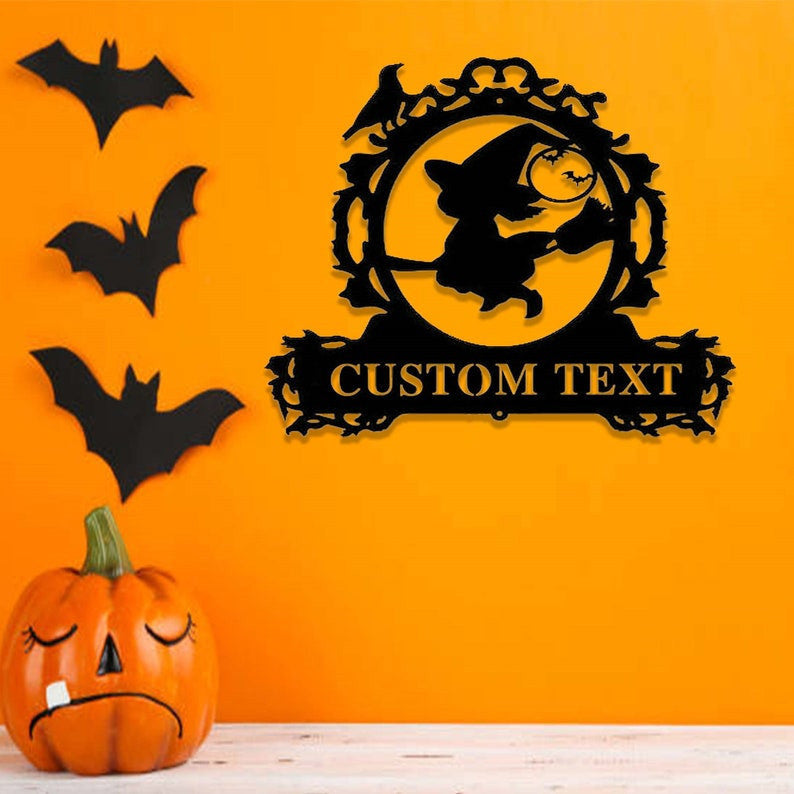 Custom Halloween Decor Metal Halloween Sign Personalized Halloween Name Sign Halloween Wall Art Cute Flying Witch Girl Sign Witch Girl Decor