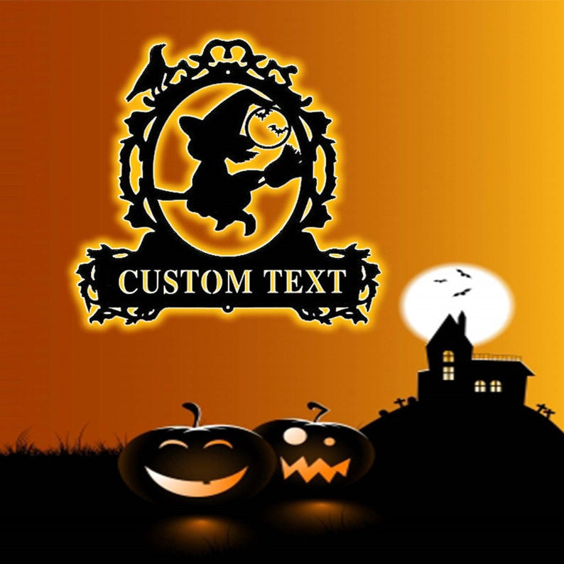 Custom Halloween Decor Metal Halloween Sign Personalized Halloween Name Sign Halloween Wall Art Cute Flying Witch Girl Sign Witch Girl Decor