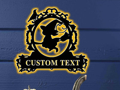 Custom Halloween Decor Metal Halloween Sign Personalized Halloween Name Sign Halloween Wall Art Cute Flying Witch Girl Sign Witch Girl Decor
