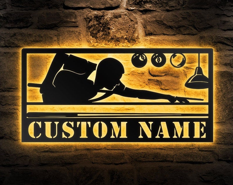 Custom Billiards Metal Wall Art Personalized Billiards Room Name Sign WITH LED/WITHOUT LED Lights Living Room Decor Pool Player Gift
