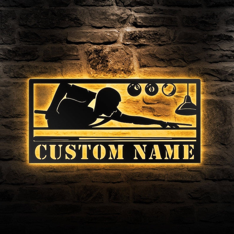 Custom Billiards Metal Wall Art Personalized Billiards Room Name Sign WITH LED/WITHOUT LED Lights Living Room Decor Pool Player Gift