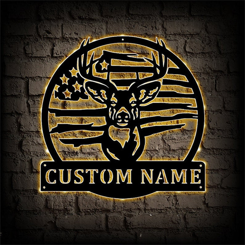 Personalized Deer Metal Sign WITH LED/WITHOUT LED Lights Deer Hunting Sign Custom Deer Hunter Name Sign LED Deer Metal Wall Art Hunting Cabin Sign