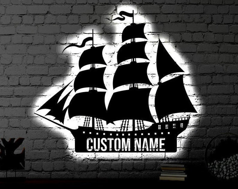 Personalized LED Pirate Ship Metal Sign Light up Pirateship Wall Art Pirate Kids Room Wall Art Fathers Day Gift Ship LED Art Sign