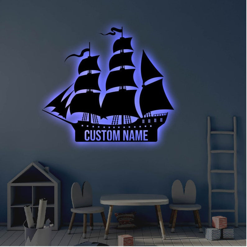 Personalized LED Pirate Ship Metal Sign Light up Pirateship Wall Art Pirate Kids Room Wall Art Fathers Day Gift Ship LED Art Sign