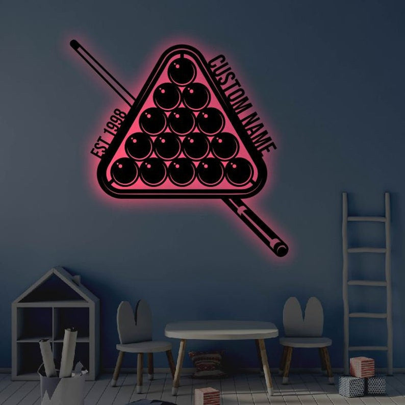 Personalized Billiards LED Metal Art Sign Light up Pool Metal Sign Multi Colors Custom billiards Sign LED Metal Wall Art Gift