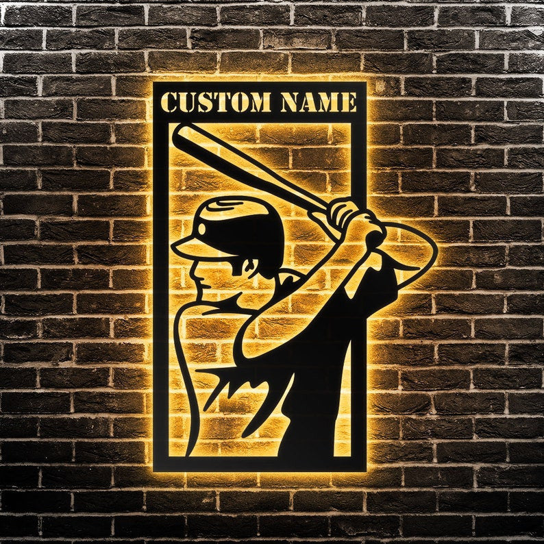 Custom Baseball Metal Wall Art Personalized Baseball Sign WITH LED/WITHOUT LED Lights Baseball Player Name Sign Gift