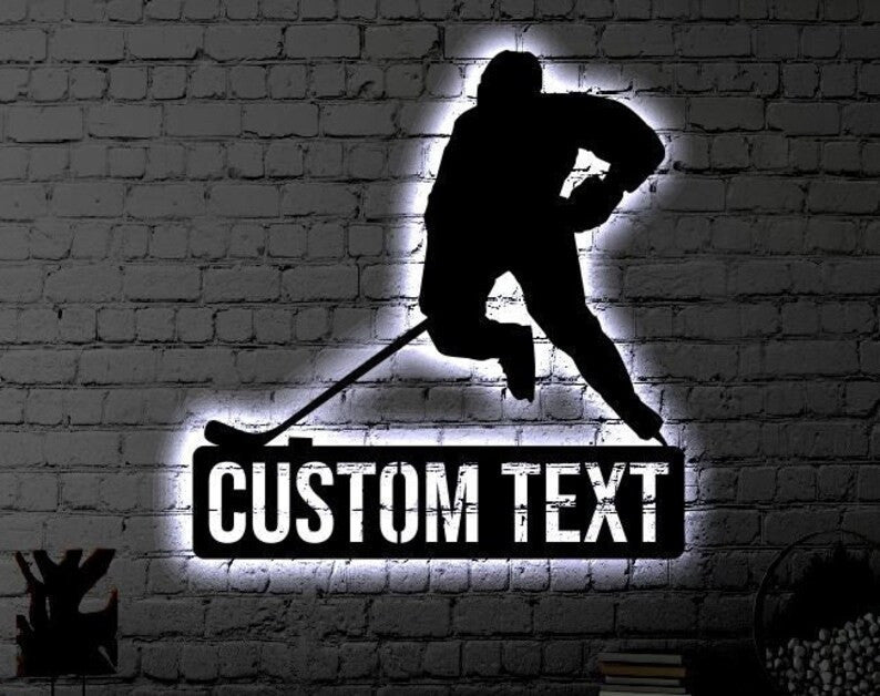 Personalized Hockey LED Metal Art Sign Light up Hockey Player Name Metal Sign Multi Color Hockey Art Metal Hockey Wall Art
