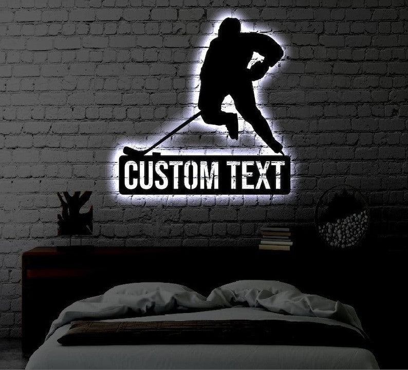 Personalized Hockey LED Metal Art Sign Light up Hockey Player Name Metal Sign Multi Color Hockey Art Metal Hockey Wall Art