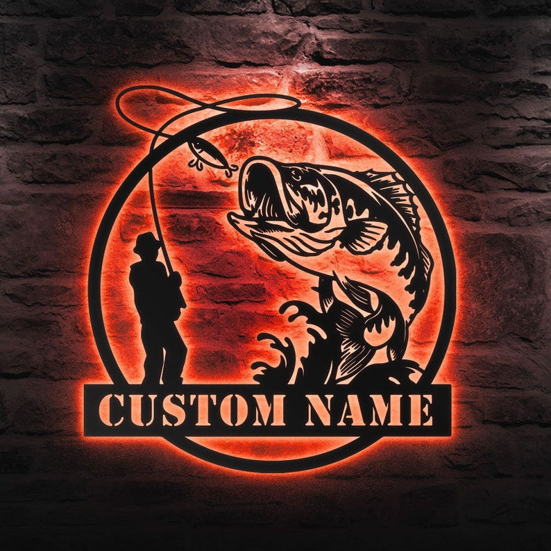 Custom Fishing Metal Sign Personalized Fishing Name Sign WITH LED/WITHOUT LED Lights Bass Fishing Metal Monogram