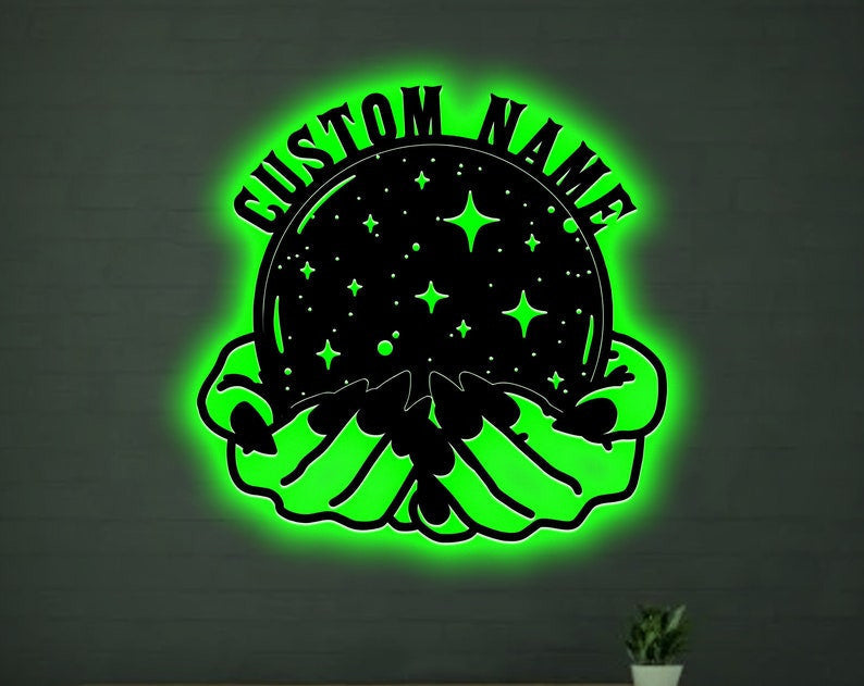 Customized Witch Hand Metal Wall WITH LED/WITHOUT LED Lights Witch Hands Holding Crystal Ball Halloween Decoration Crystal Ball Sign House Decor