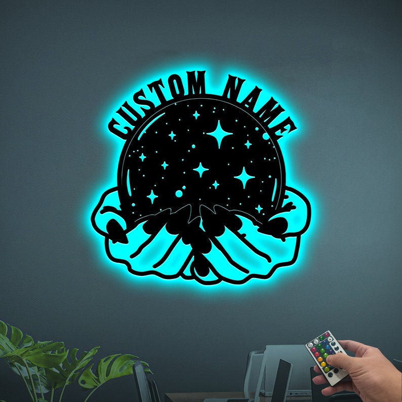 Customized Witch Hand Metal Wall WITH LED/WITHOUT LED Lights Witch Hands Holding Crystal Ball Halloween Decoration Crystal Ball Sign House Decor