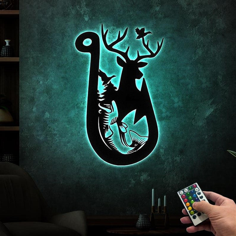 Hunting Metal Sign WITH LED/WITHOUT LED Light Fishing Metal Wall Art Deer Head Signs Hunter Gift Deer Hunting Sign Duck Hunting Sign Bass Fishing