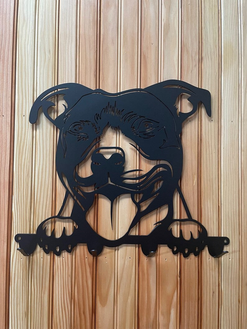 Happy Pit Bull Dog Leash holder Key holder collar holder decor hook
