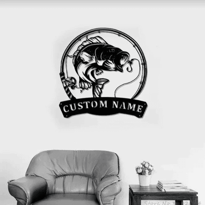 Bass Fishing Fish Pole Metal Sign Fishing Bass Sign Fishing Bass Gift For Men Fish Metal Name Sign Fisherman Gift