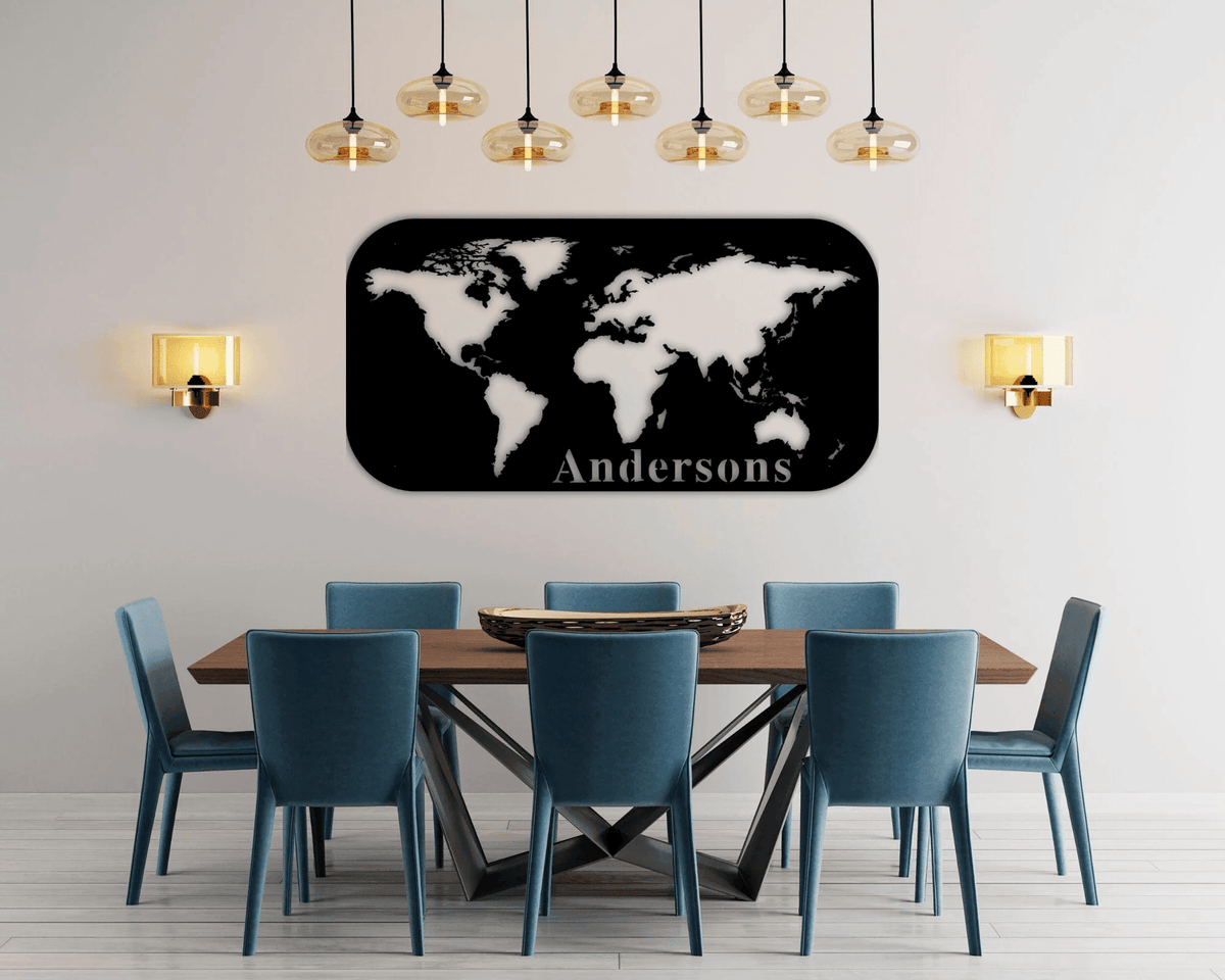 Custom Family Name Metal Sign World Map Metal Art Home Traveling Decor Last Name Sign Metal Wall Art Metal Decorative
