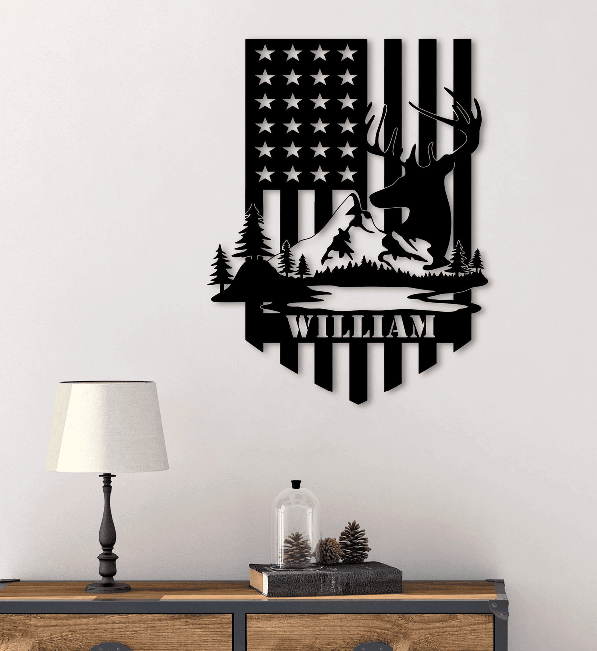 Dear Hunting Metal Wall Art American Flag Metal Sign Mountain Sign Deer Sign Hunting Sign Hunter Gift Metal Name Sign