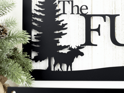 Custom Outdoor Family Last Name Metal Sign With Pine Trees - Black Moose Custom Sign Name Sign Metal Art