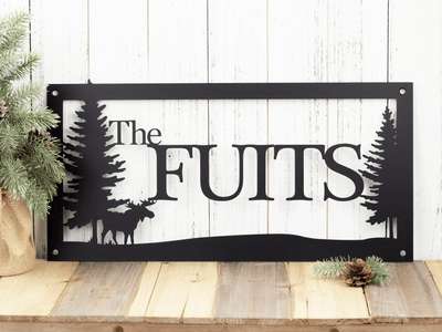 Custom Outdoor Family Last Name Metal Sign With Pine Trees - Black Moose Custom Sign Name Sign Metal Art