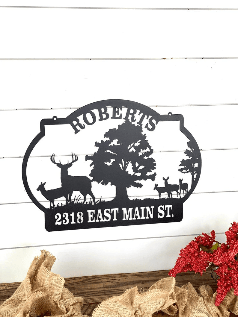 Deer Ranch Family Name Sign Outdoor Deer Scene Metal Art Personalized Hunting Sign Deer Address Sign Hunting Lodge