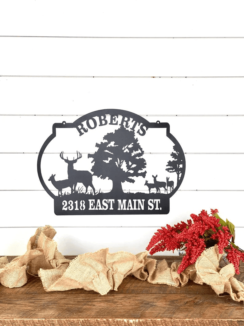 Deer Ranch Family Name Sign Outdoor Deer Scene Metal Art Personalized Hunting Sign Deer Address Sign Hunting Lodge
