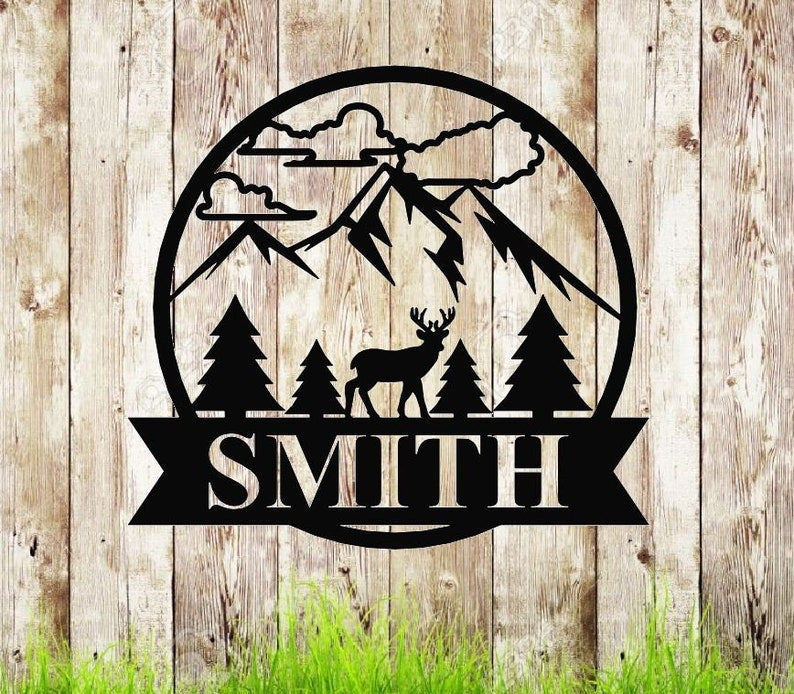 Deer Tree And Mountains Monogram Established Last Name Family Sign Metal Hunting Cabin Sign Personalized Deer Sign Metal