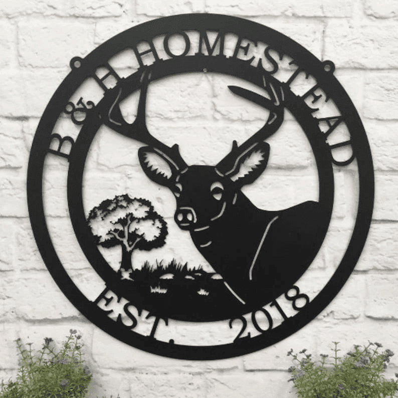 Personalized Deer Sign With Oak Tree Name Family Sign Gift For Him Metal Hunting Cabin Sign Deer Hunter Sign