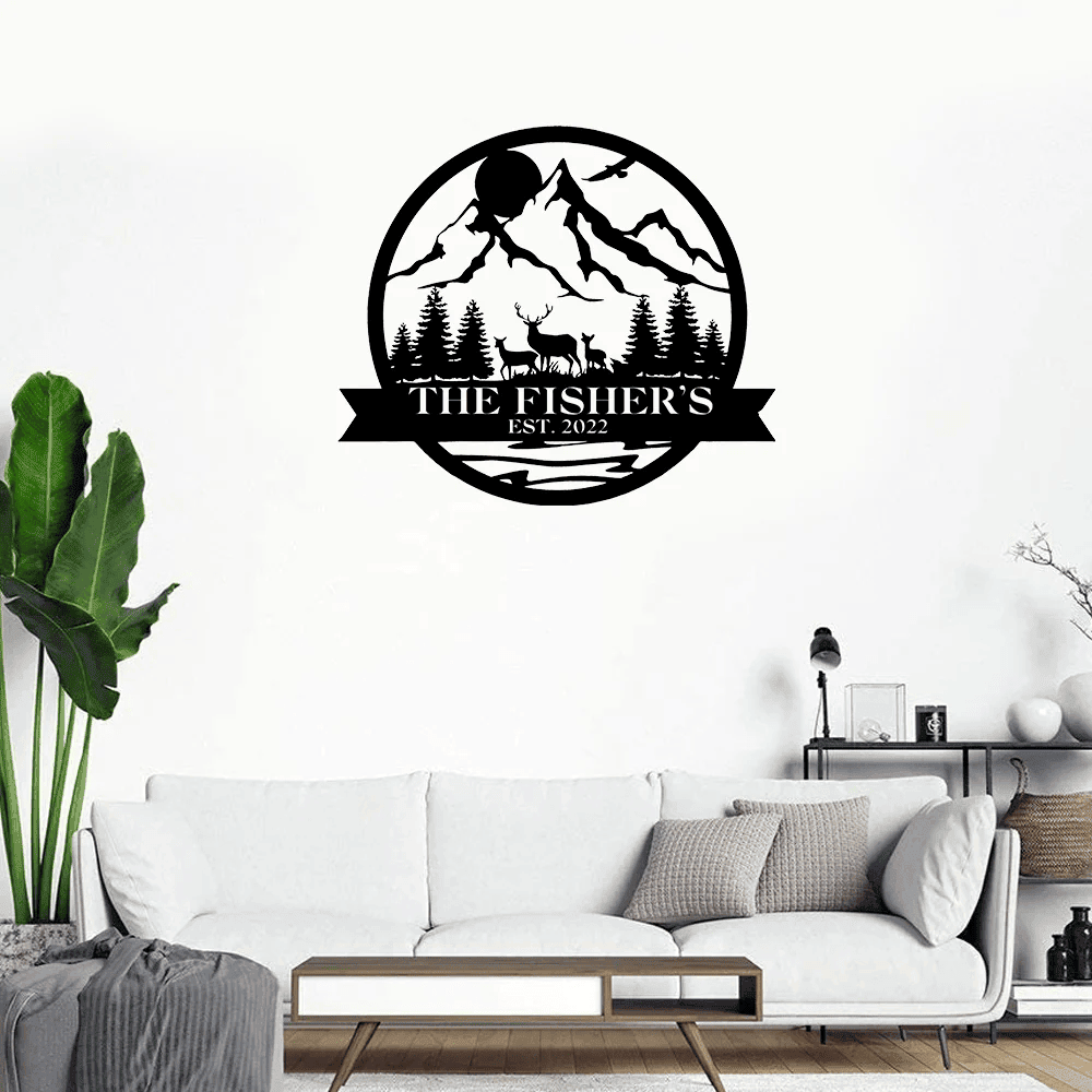 Personalized Family Name Date Deer Doe Fawn Hunting Hunter Metal Sign Monogram Custom Outdoor Cabin Lodge Camp Wall