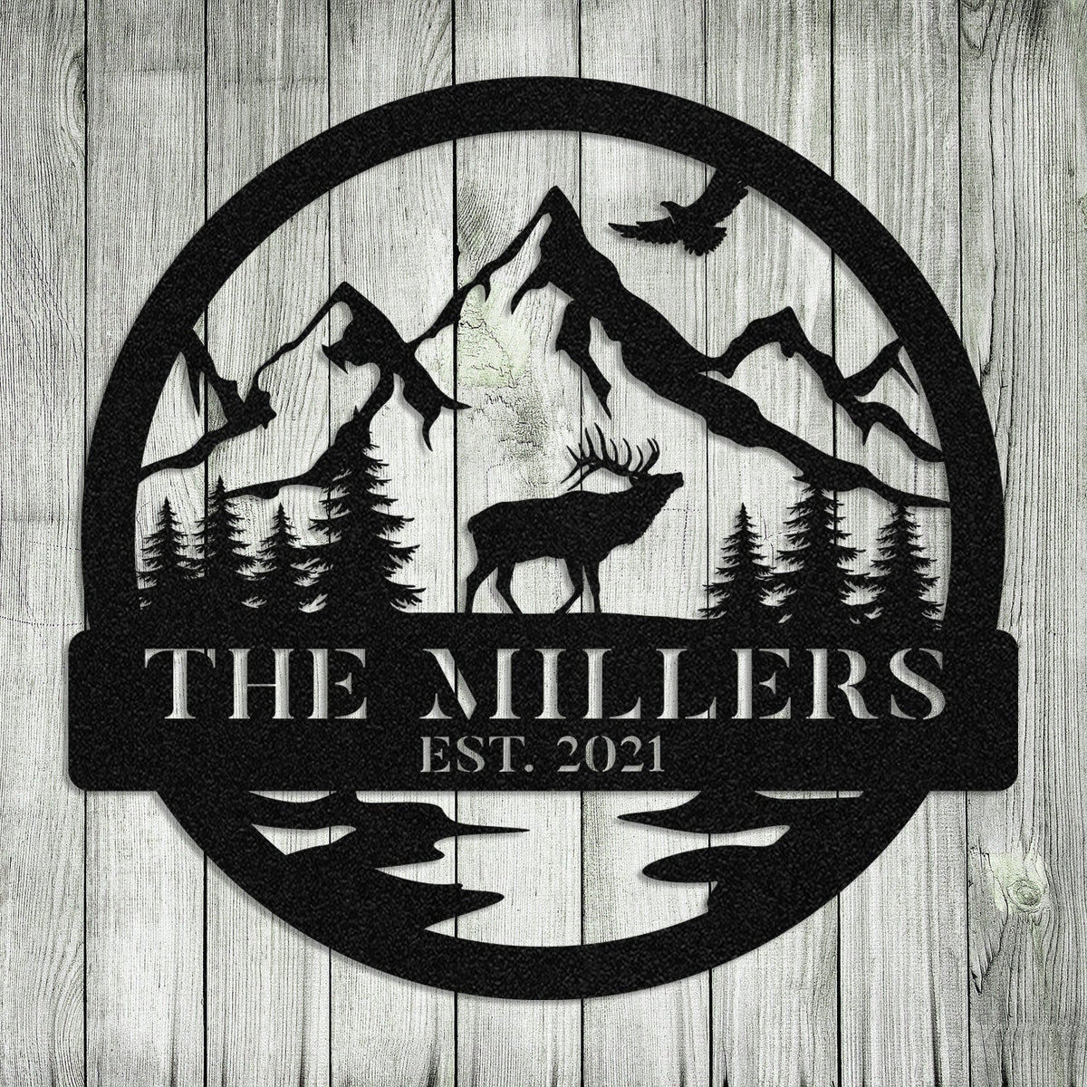 Personalized Family Name Date Elk Deer Hunting Hunter Metal Sign Monogram Custom Outdoor Cabin Lodge Camp Wall Decor Art