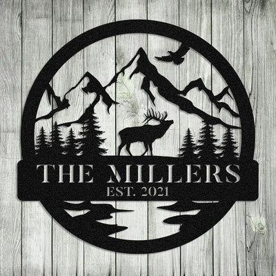 Personalized Family Name Date Elk Deer Hunting Hunter Metal Sign Monogram Custom Outdoor Cabin Lodge Camp Wall Decor Art