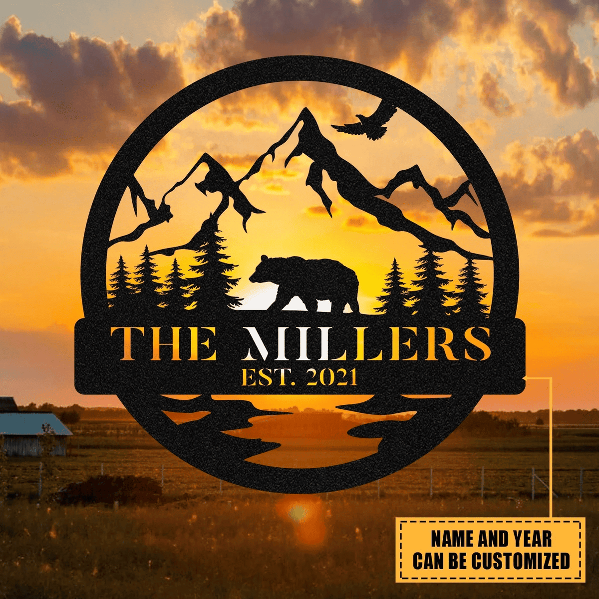 Personalized Family Name Date Bear Hunting Hunter Metal Sign Monogram Custom Outdoor Cabin Lodge Camp Wall Decor Art