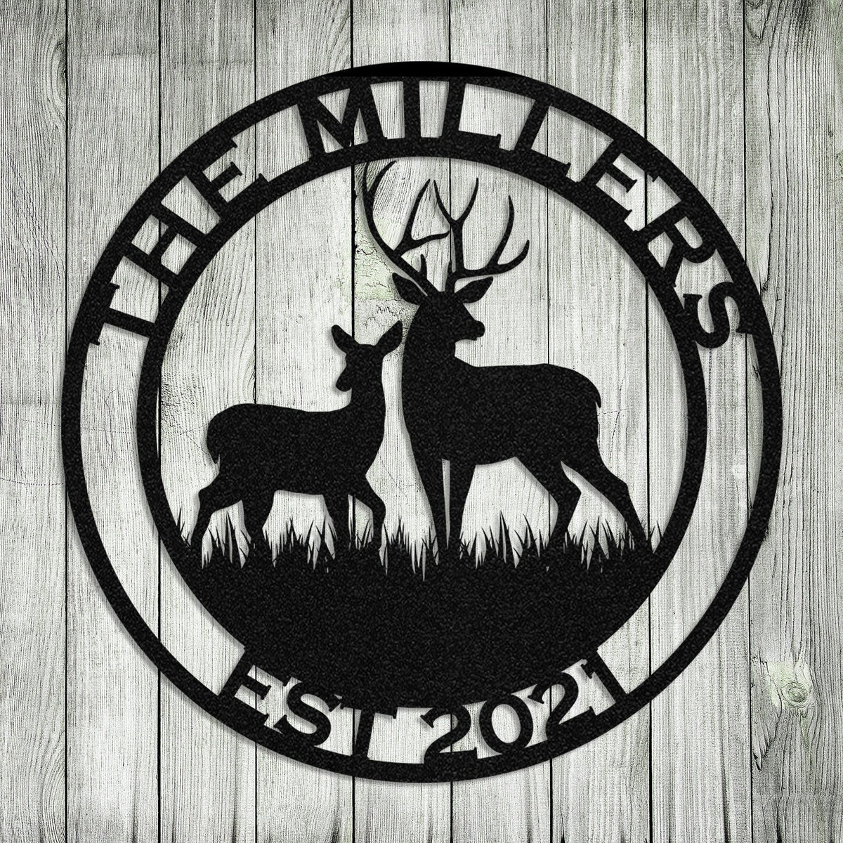 Personalized Family Name Date Deer Doe Hunting Hunter Metal Sign Monogram Custom Outdoor Cabin Lodge Camp Wall Decor Art