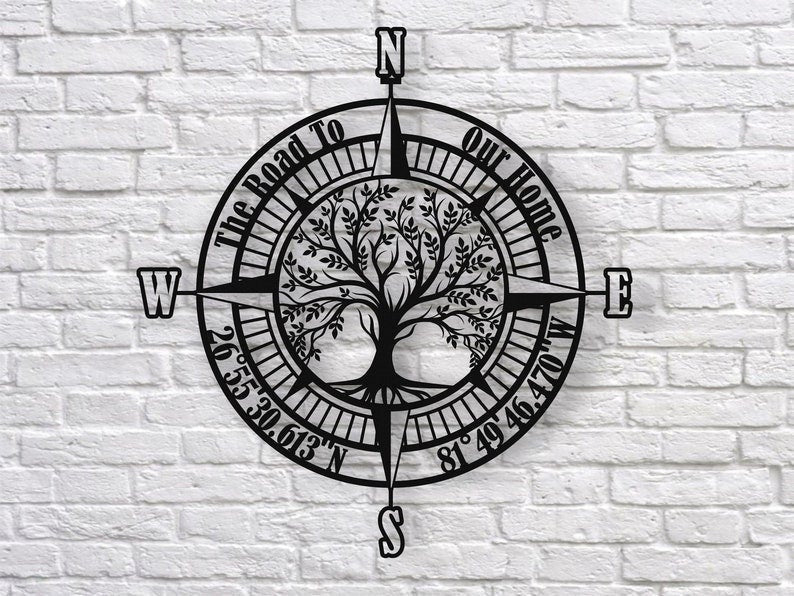 Personalized Life Tree Compass Sign Metal Compass Wall Art Housewarming Gift Wedding Gift Home Decor Metal Wall Hanging