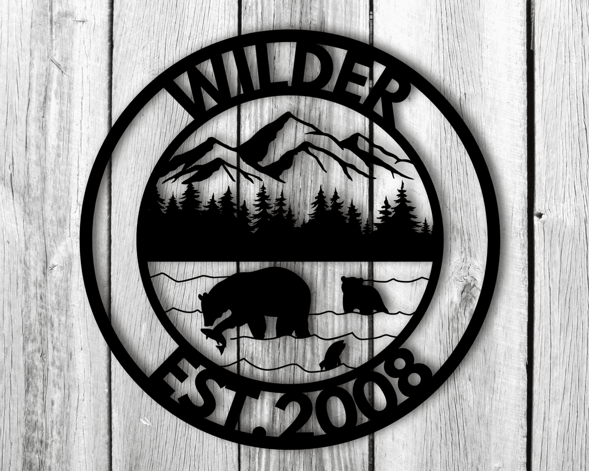 Personalized Bear Metal Sign Bear In Woods Cabin Sign Family Name Black Bear Sign Personalized Bear Sign Fishing Bear