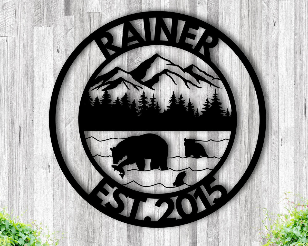 Personalized Bear Metal Sign Bear In Woods Cabin Sign Family Name Black Bear Sign Personalized Bear Sign Fishing Bear